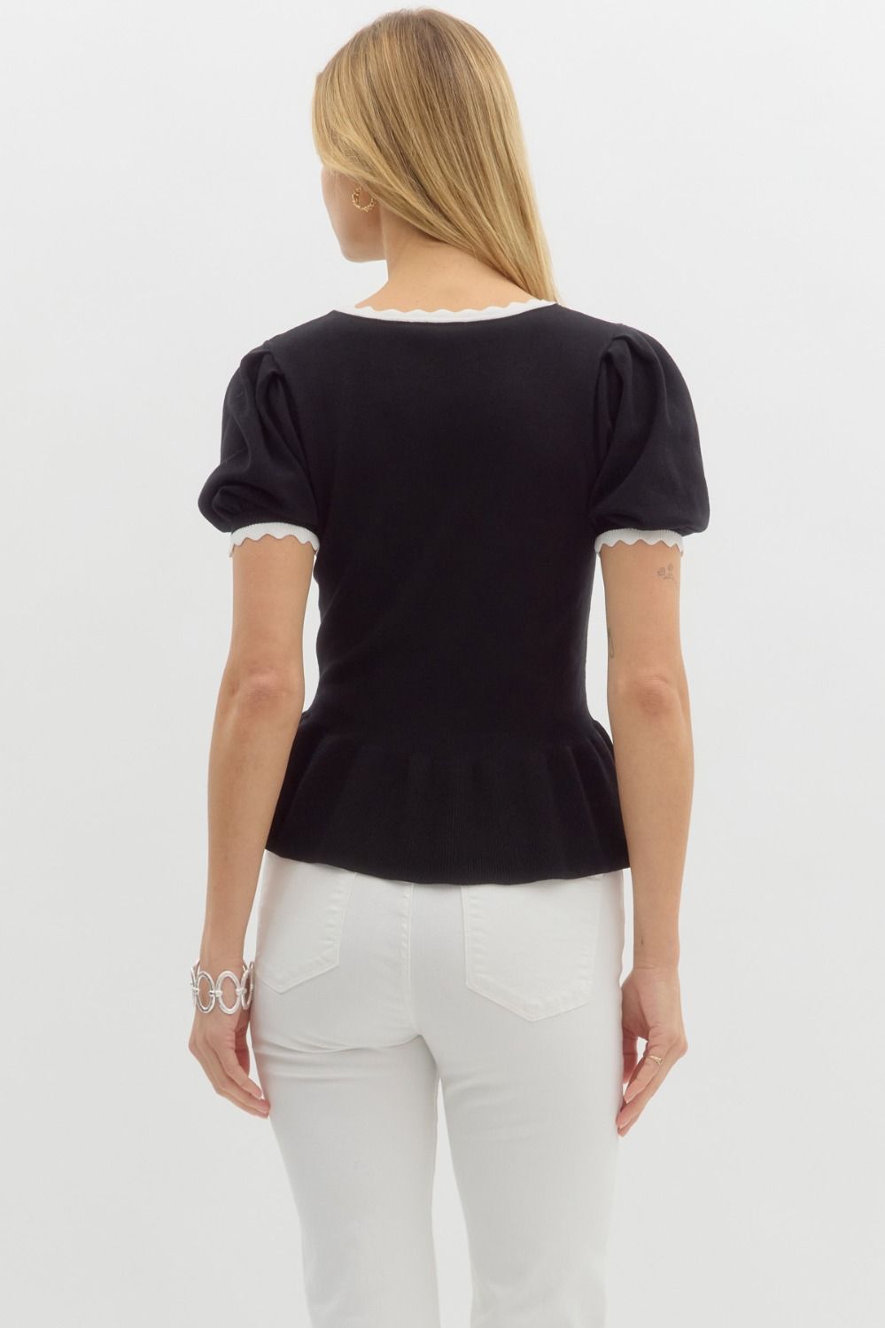 Solid Sweater Knit Short Puff Sleeve Top