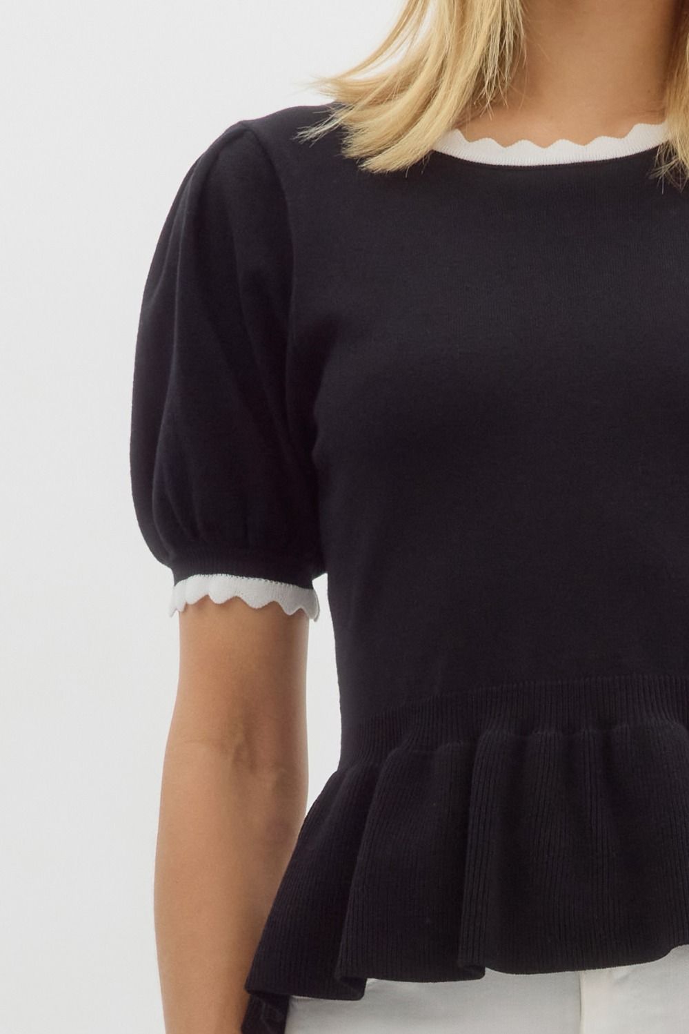 Solid Sweater Knit Short Puff Sleeve Top
