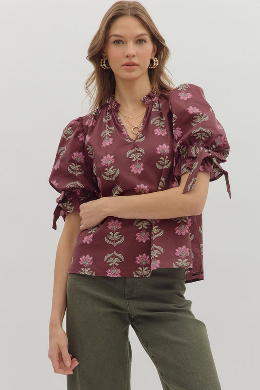 Floral Print Ruffle Neck Pullover Top