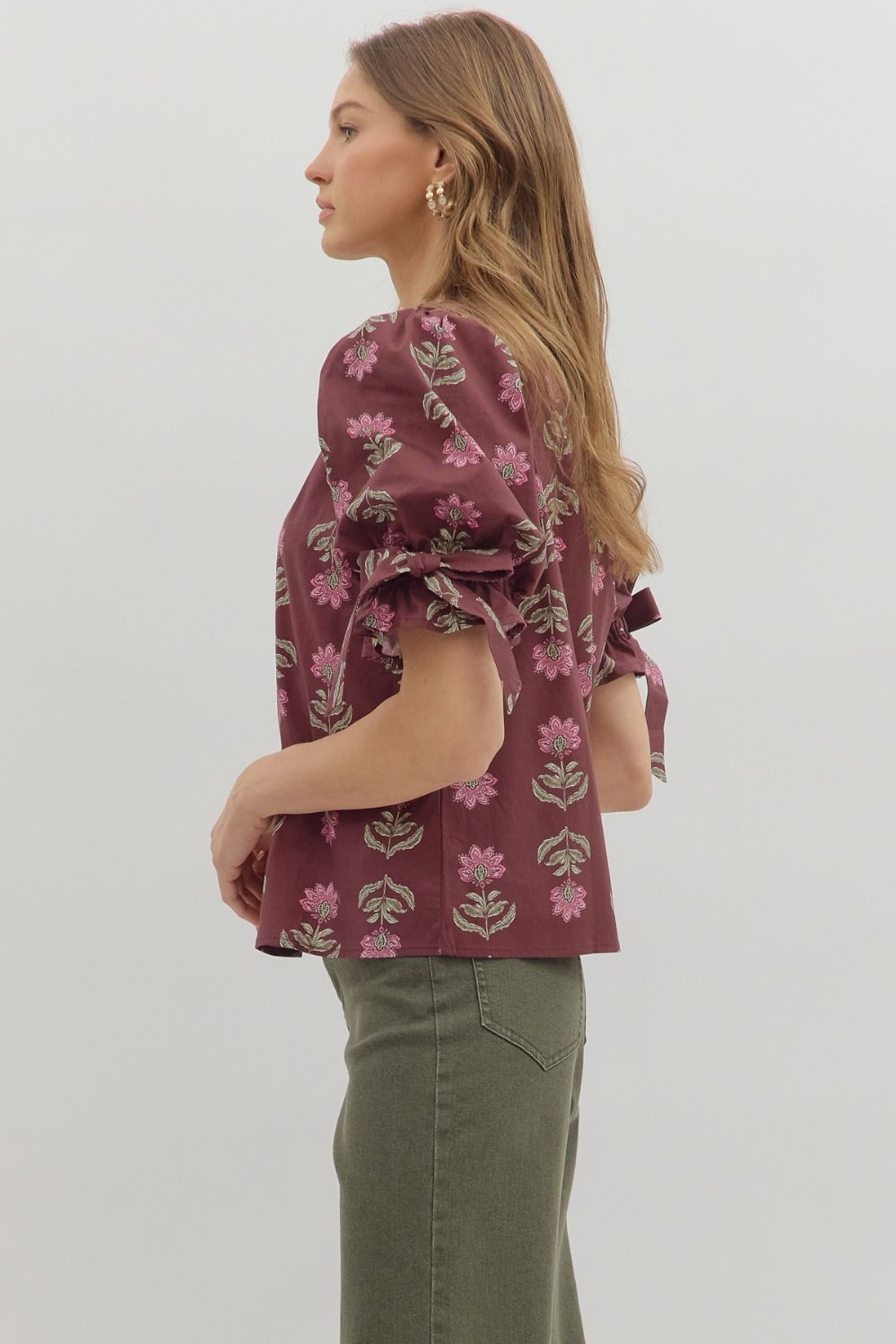 Floral Print Ruffle Neck Pullover Top
