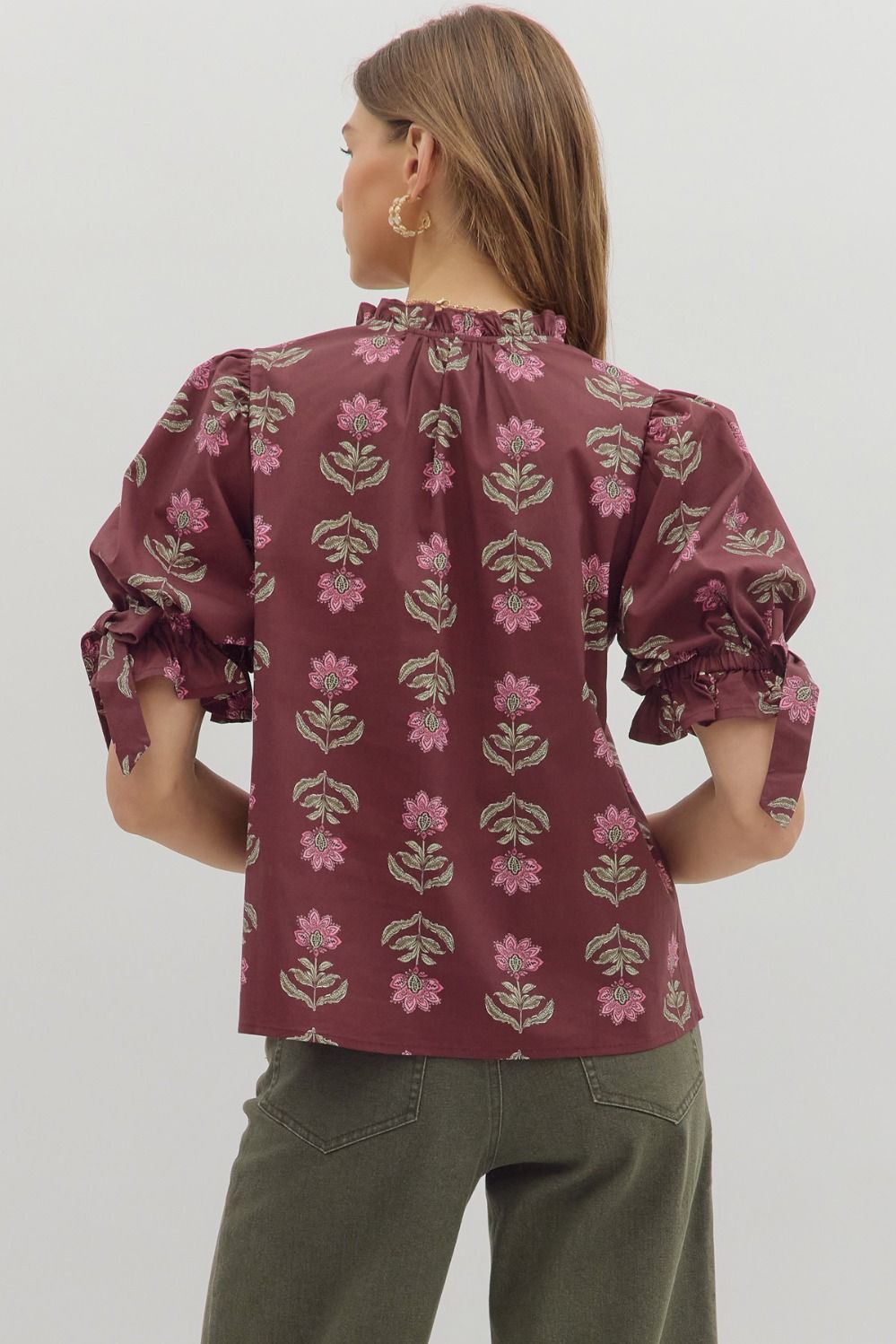 Floral Print Ruffle Neck Pullover Top
