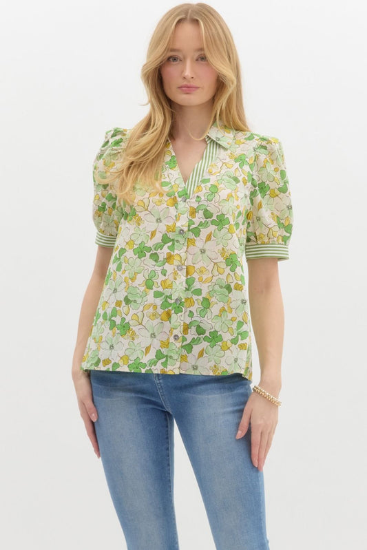 Floral Print Collar Split V-Neck Top