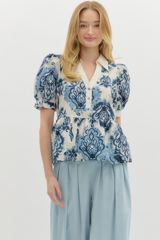 Short Puff Sleeve Ruffle Hem Top