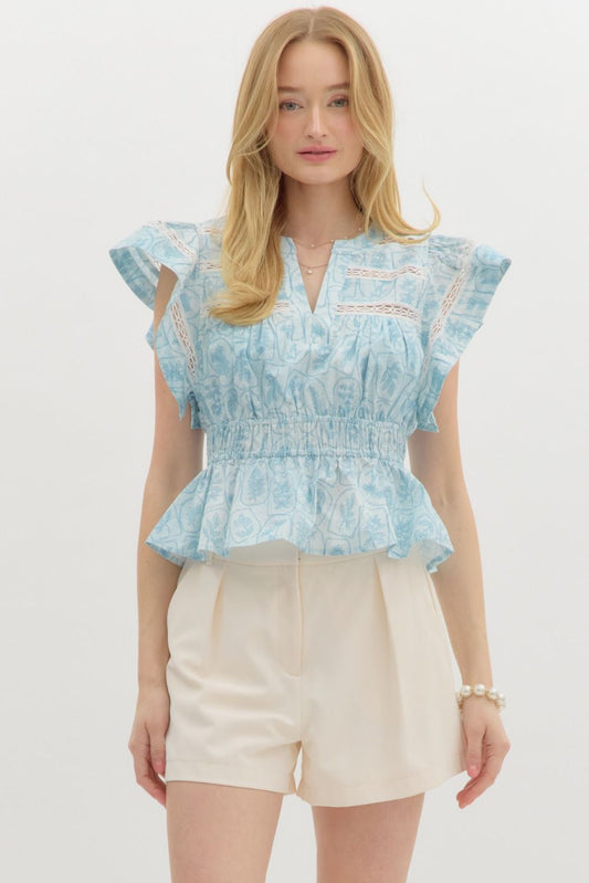 Solid Flutter Sleeve Split V-Neck Top