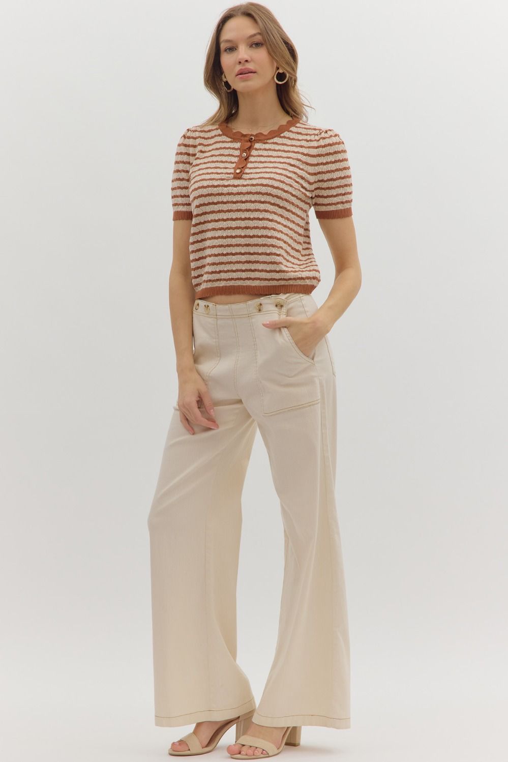 Stripe Pattern Short Sleeve Sweater Knit Top