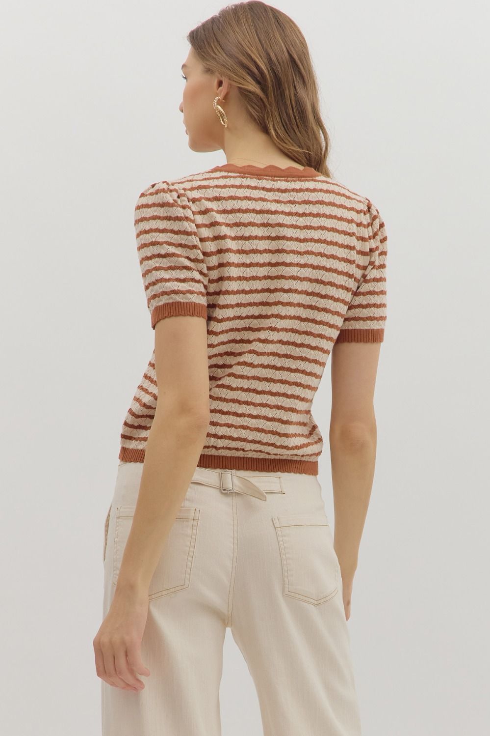 Stripe Pattern Short Sleeve Sweater Knit Top