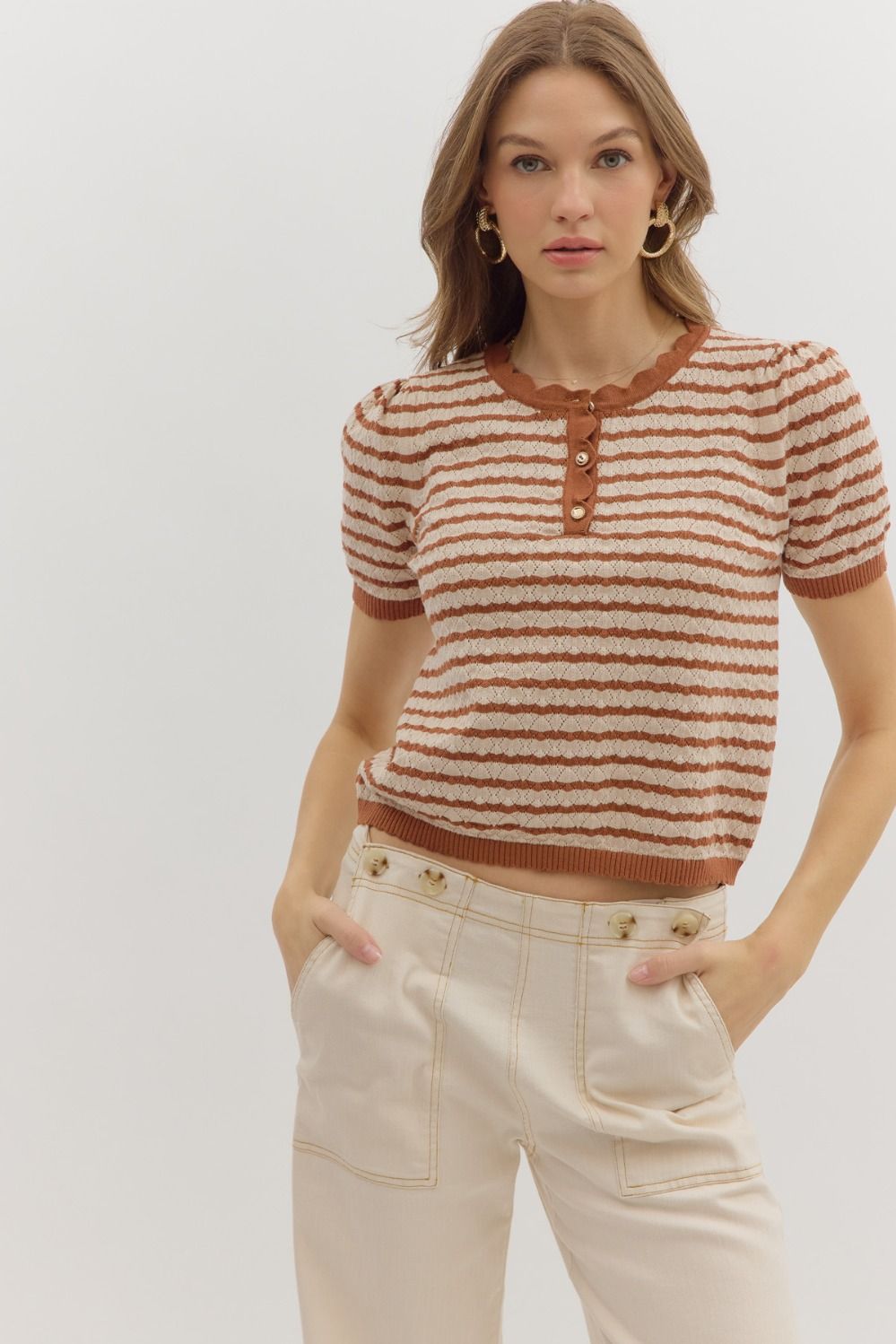 Stripe Pattern Short Sleeve Sweater Knit Top