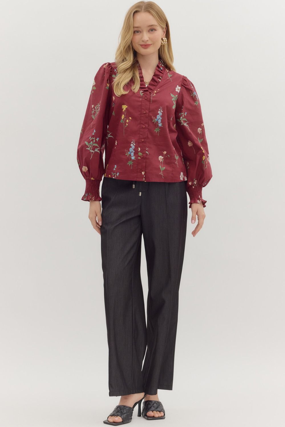 Floral Print Smocked Cuff Long Sleeve Top