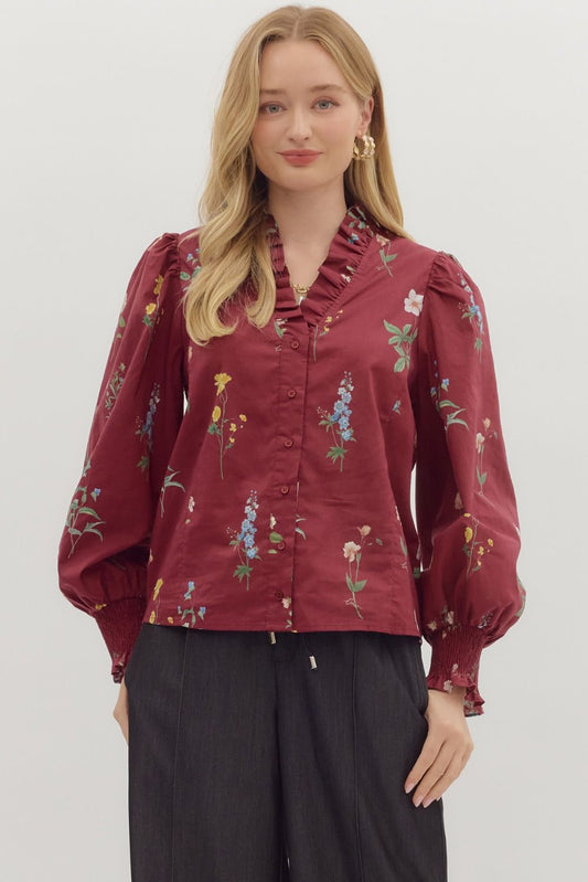 Floral Print Smocked Cuff Long Sleeve Top