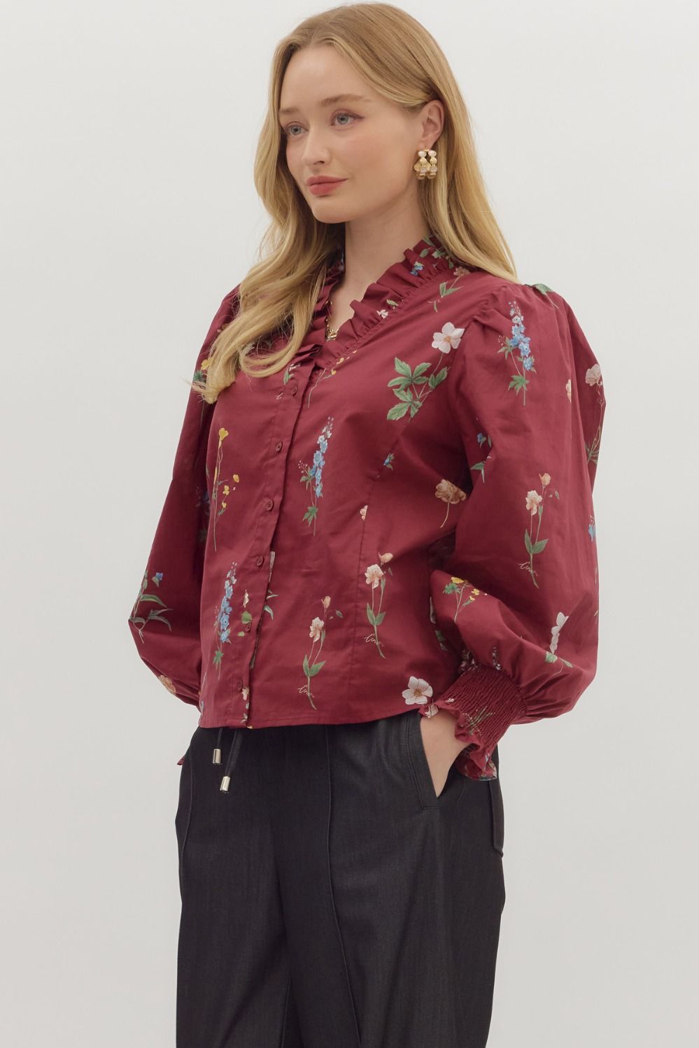 Floral Print Smocked Cuff Long Sleeve Top