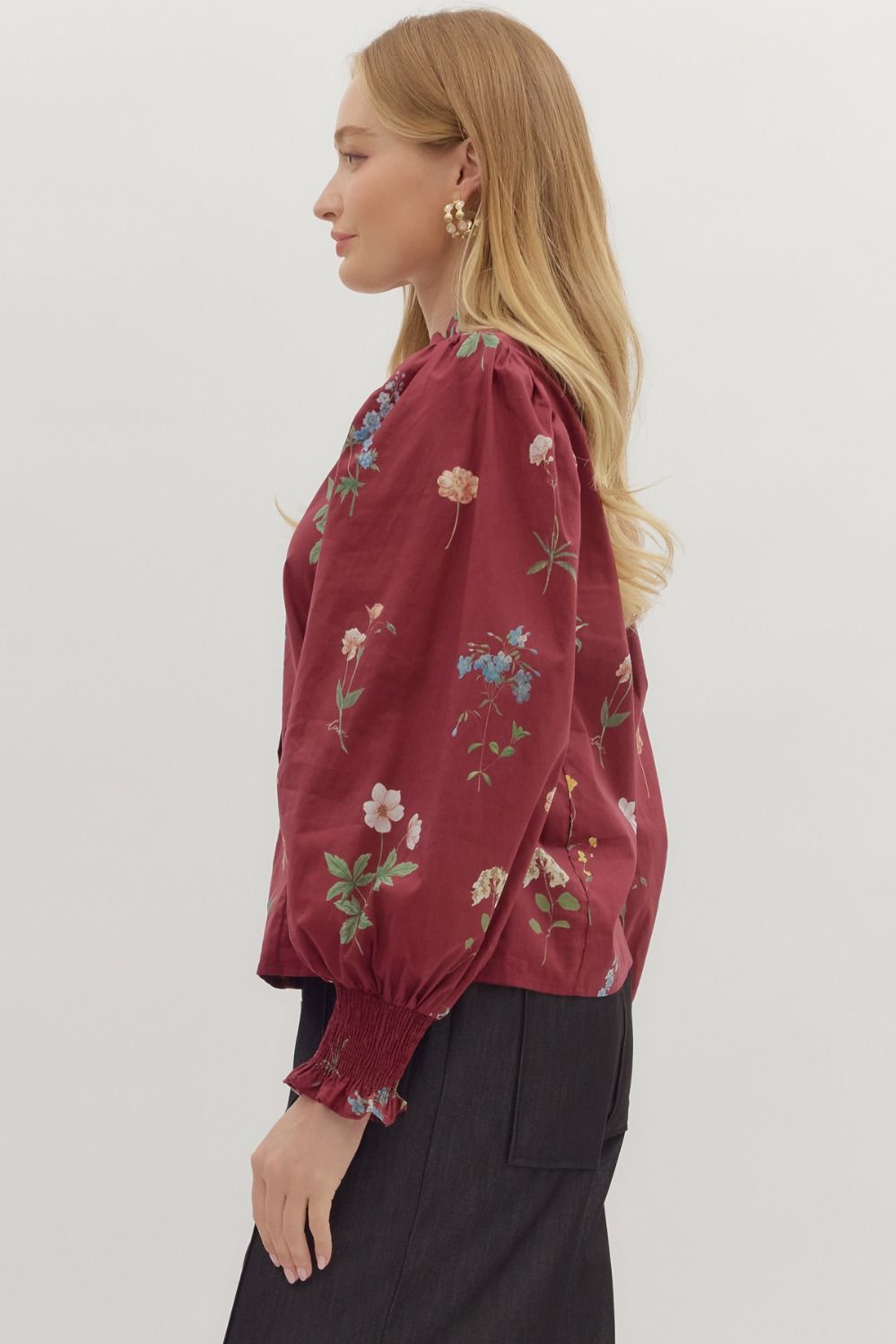 Floral Print Smocked Cuff Long Sleeve Top