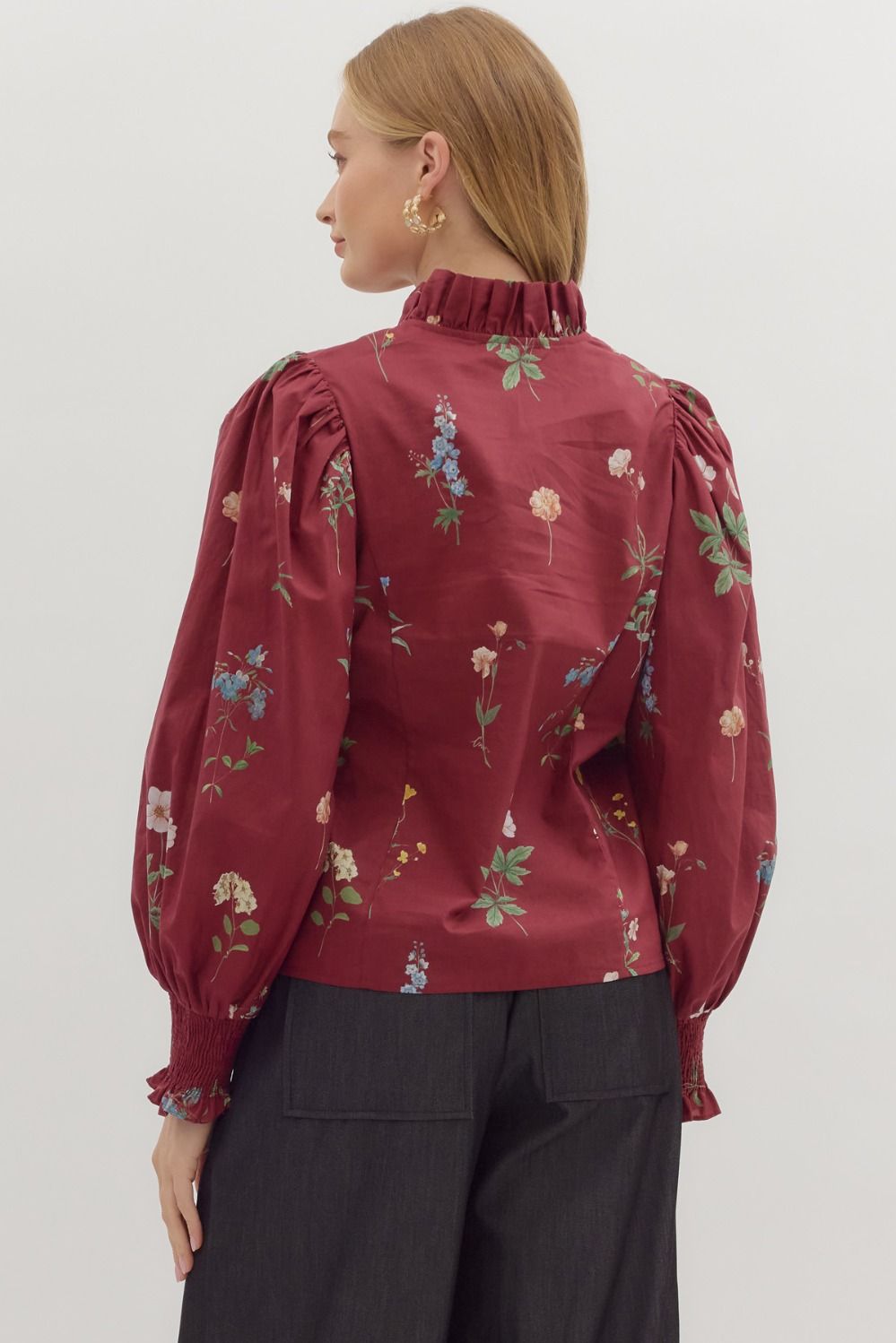 Floral Print Smocked Cuff Long Sleeve Top