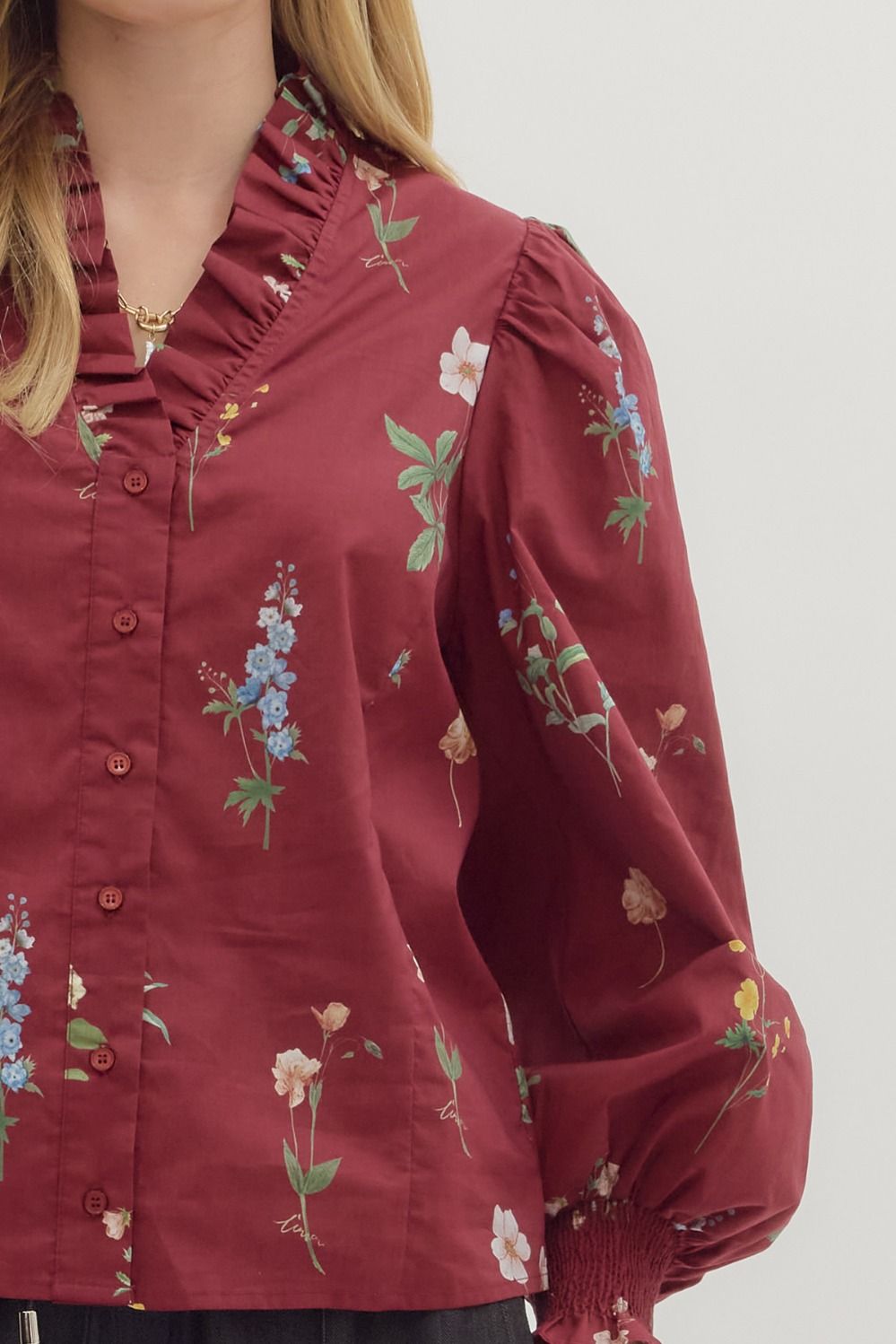 Floral Print Smocked Cuff Long Sleeve Top