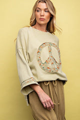 Mineral Washed Terry Floral Peace Sign Pullover Top
