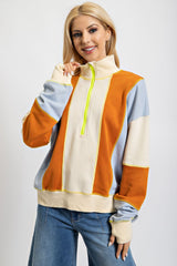 Color Block Terry Knit Zip Up Pullover
