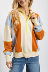 Color Block Terry Knit Zip Up Pullover