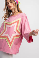 Star Patch Front Mineral Washed Knit Top