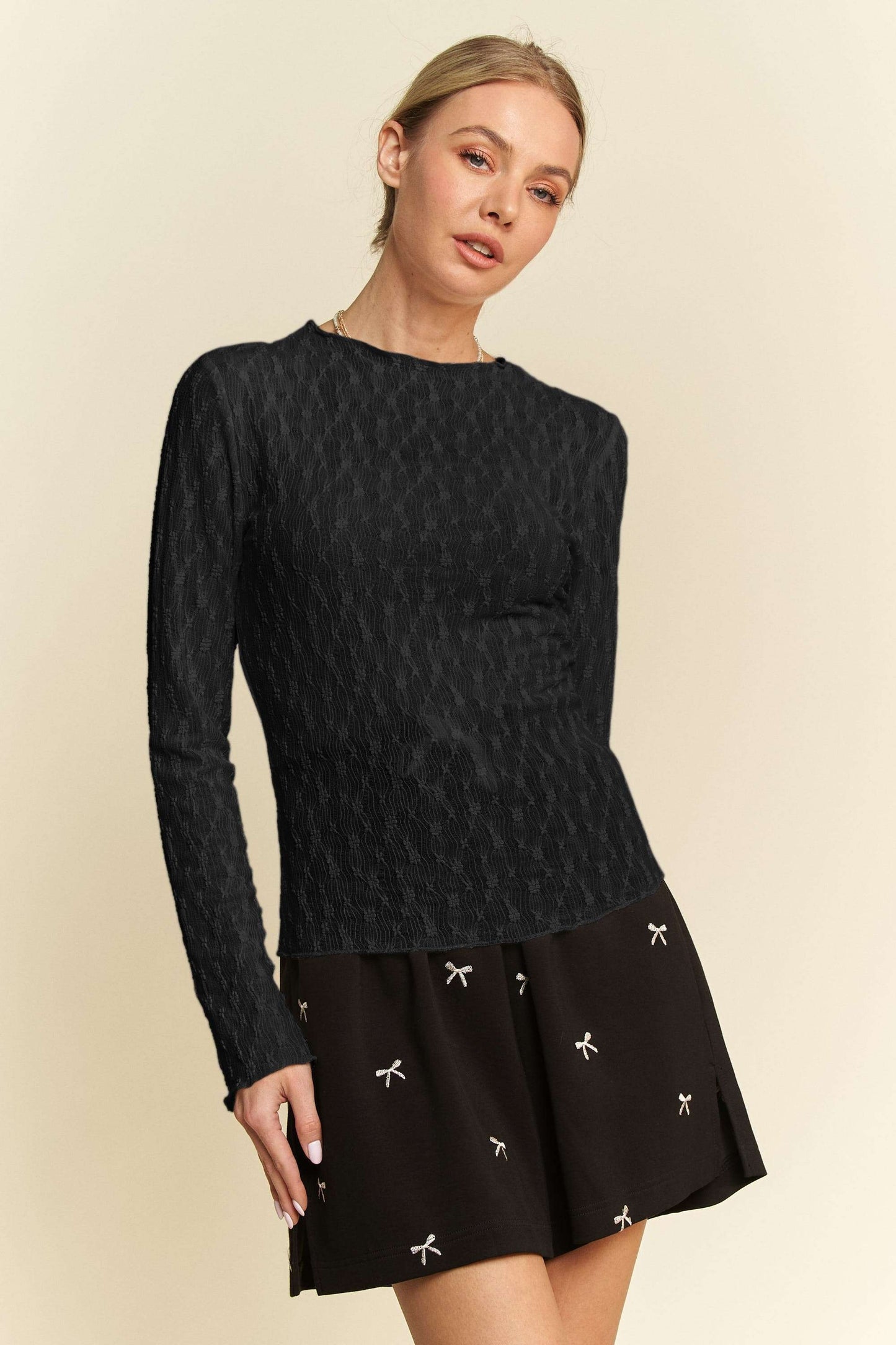 Long Sleeve Sheer Small Embroidered Bows Lace Top