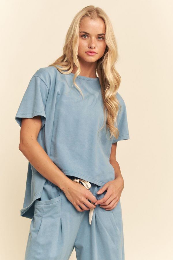 Garment Washed Short Sleeve Pleat Top Pants Set