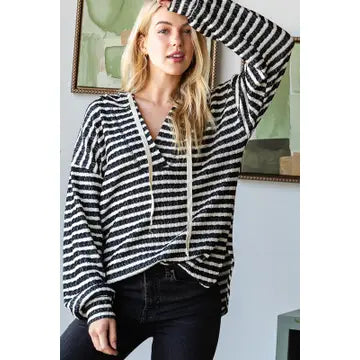 Long Puff Sleeve Striped Hoodie Top