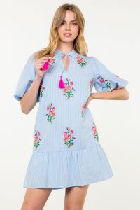 Puff Sleeve Embroidered Striped Dress