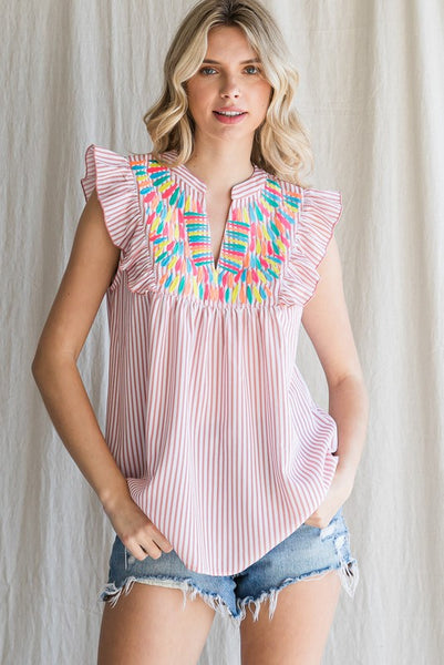 Mauve Striped Print Embroidery Yoke Top