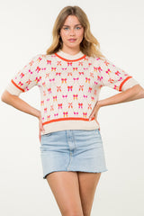 Short Sleeve Ribbon Pattern Knit Top