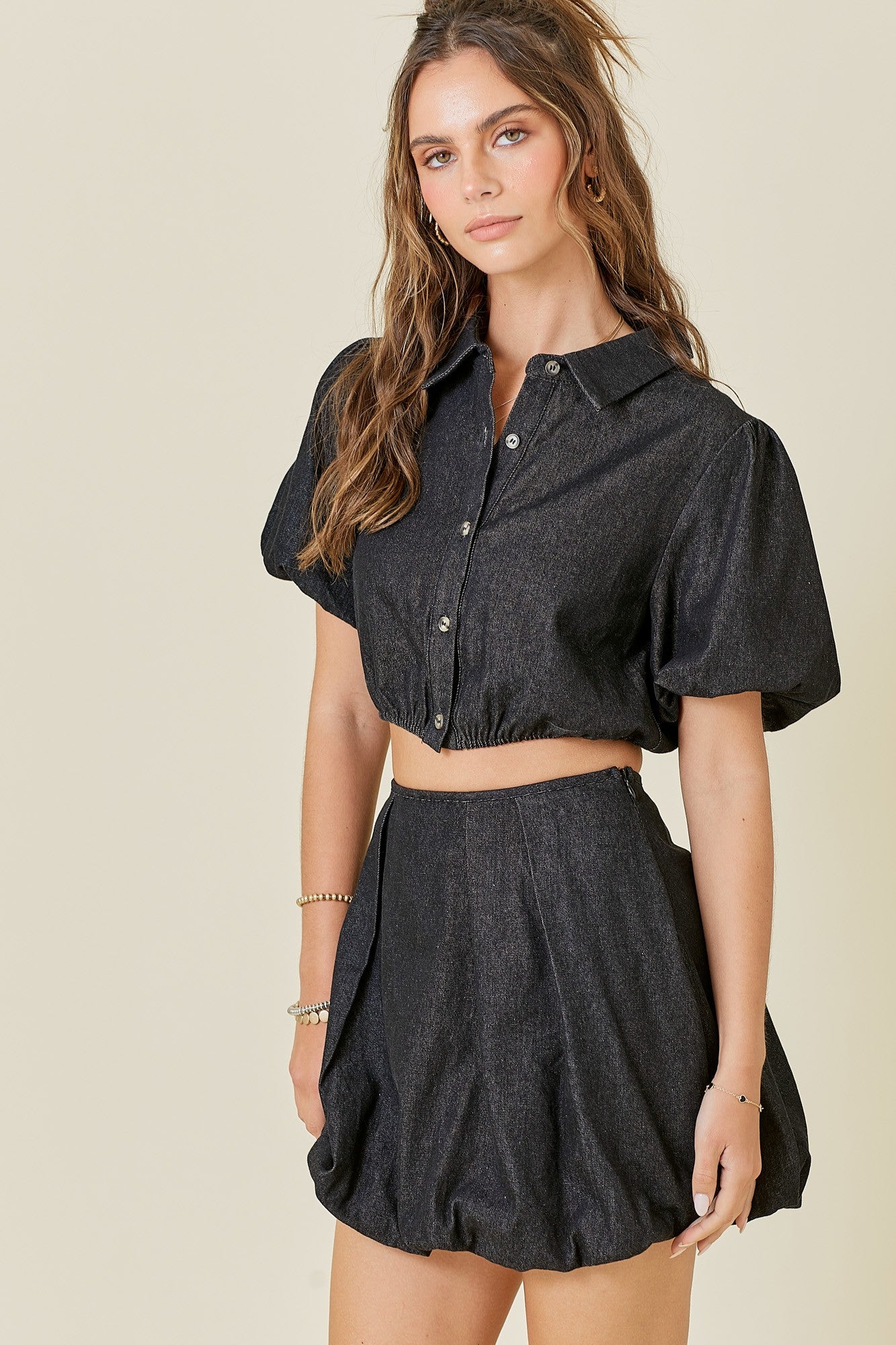 Bubble Hem Pleat Detal Denim Mini Skirt