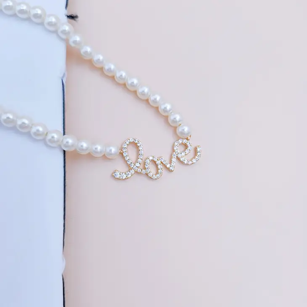 Cz Gold Dipped Pearl Love Fashion Necklace