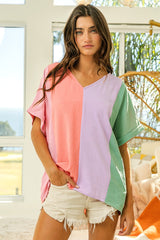 Air Flow Color Block Roll Up Sleeve V-Neck Top