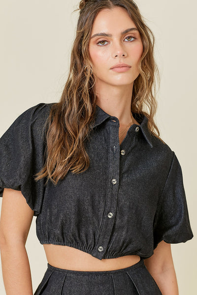 Button Down Puff Sleeve Denim Top