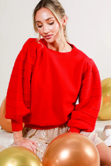 Crew Neck Textured Puff Sleeve Knitted Sweater Top