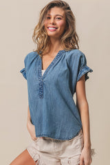 Ruffled Washed Denim Top