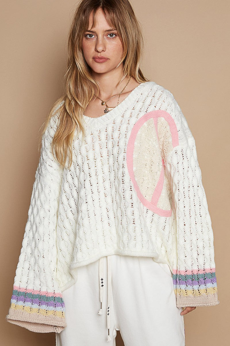 V-neck Long Sleeve Peace Patch Sweater