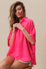 Short Dolman Sleeve Collared V-Neck Silky Top