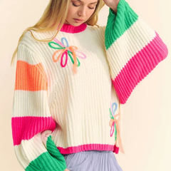 Chunky Thread Flower Multi Striped Sweater