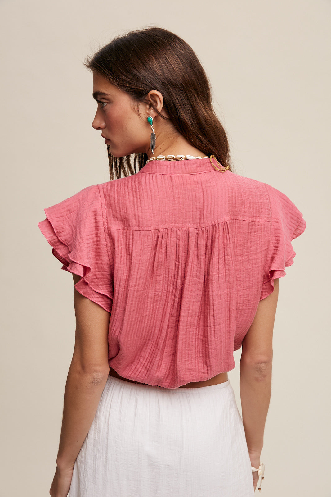 Ruffled Button Front Tie Waist Blouse Top