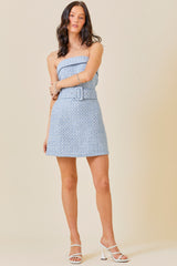 Strapless Holdover Tweed Belted Mini Dress