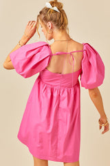 Pink Puff Sleeve Ruched Bodice Open Back Dress