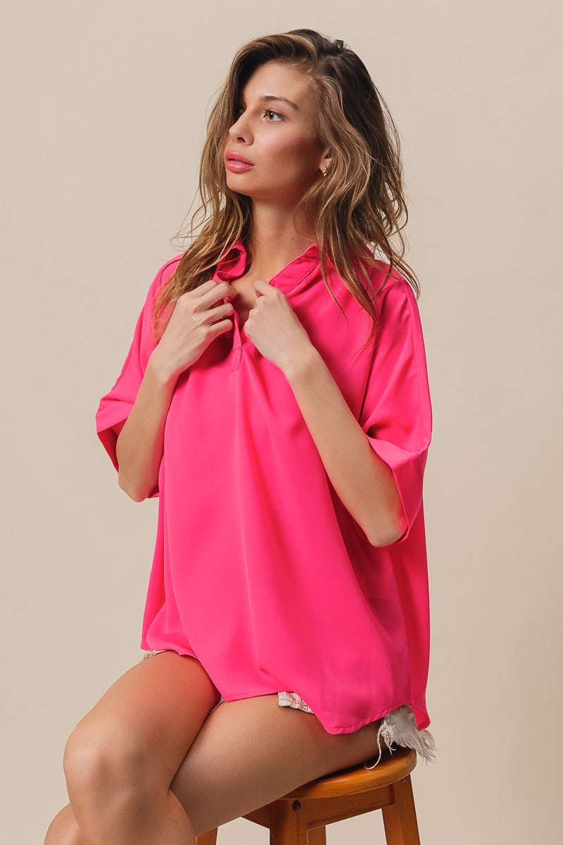 Short Dolman Sleeve Collared V-Neck Silky Top