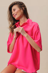 Short Dolman Sleeve Collared V-Neck Silky Top