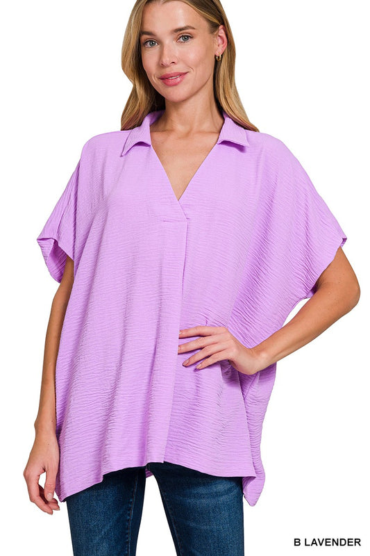 Woven Airflow Collared V-Neck Short Sleeve Top