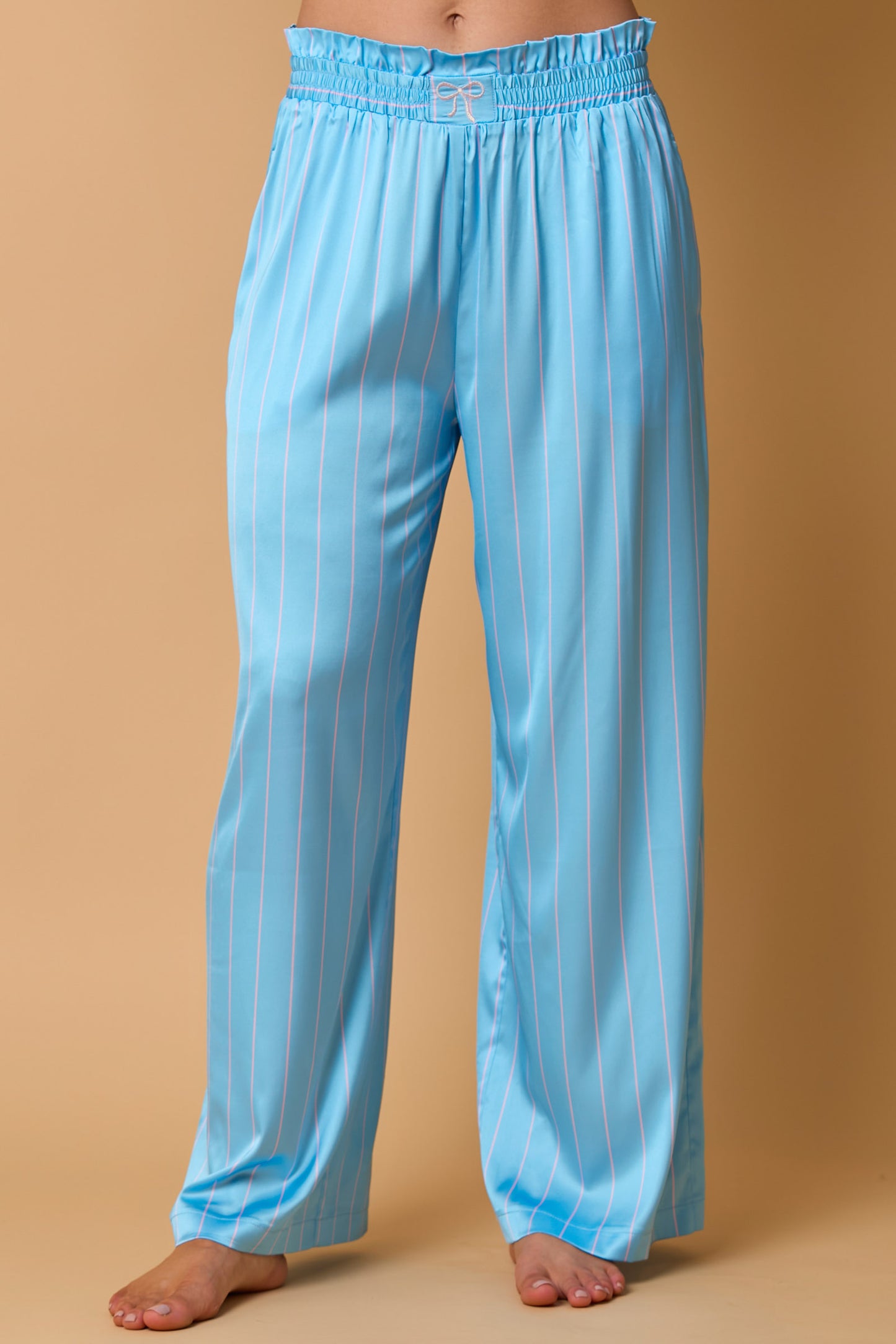 Satin Stripe Pajama Set with Bow Embroidery