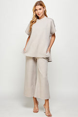 Multi-Color Textured Soft Cropped Lounge Set With Drop Shoulder Top