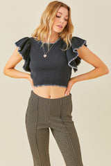 Ruffle Sleeves Contract Detail Cropped Sweater