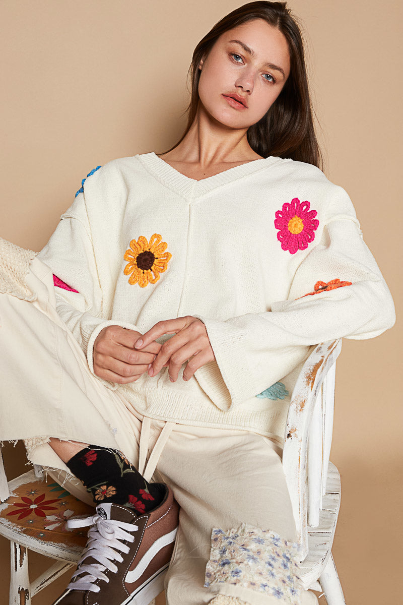 Chenille V-Neck Long Sleeve Relaxed Fit Sweater