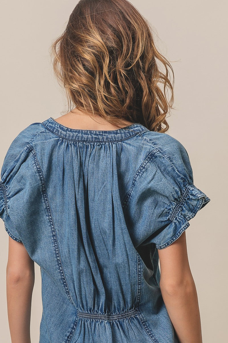 Ruffled Washed Denim Top