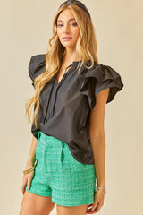 Black Flutter Sleeve V-Neck Blouse