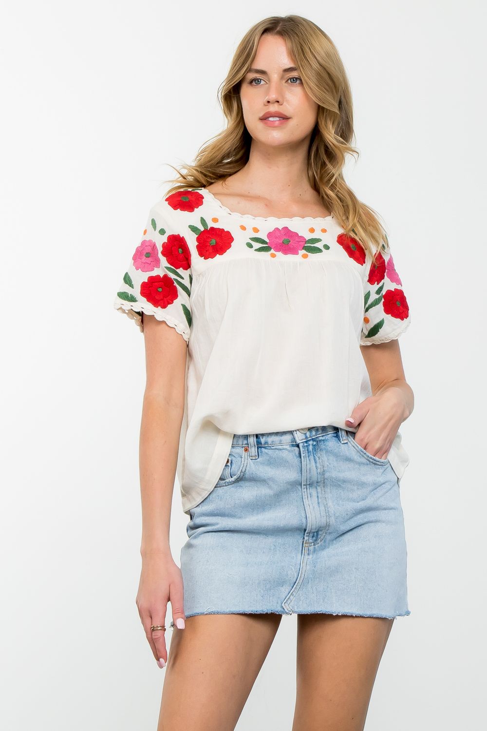 Flower Embroidered Short Sleeve Top