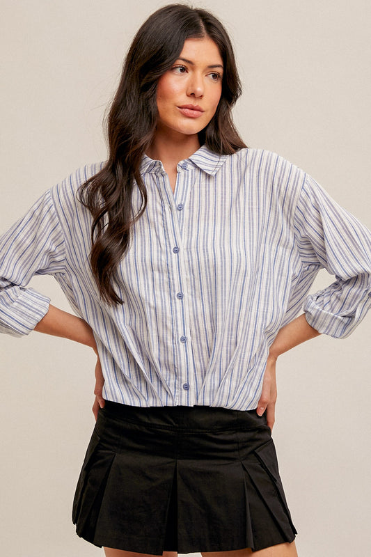 Pleated Hem Stripe Button Down Shirt